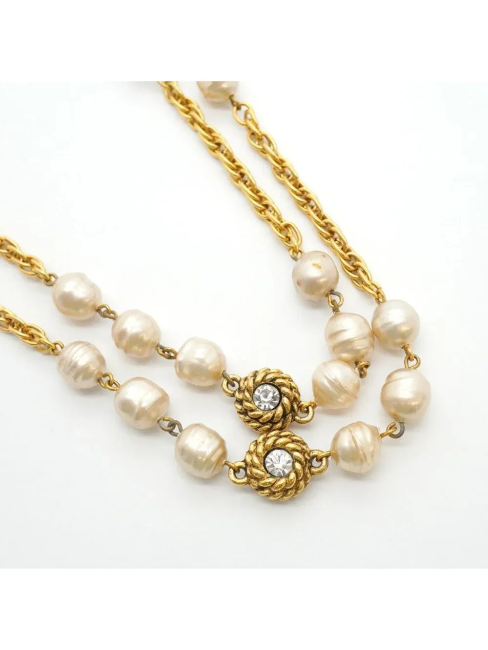 Chanel Necklace Vintage CC Logo Gold Plated Faux Pearl Rhinestone